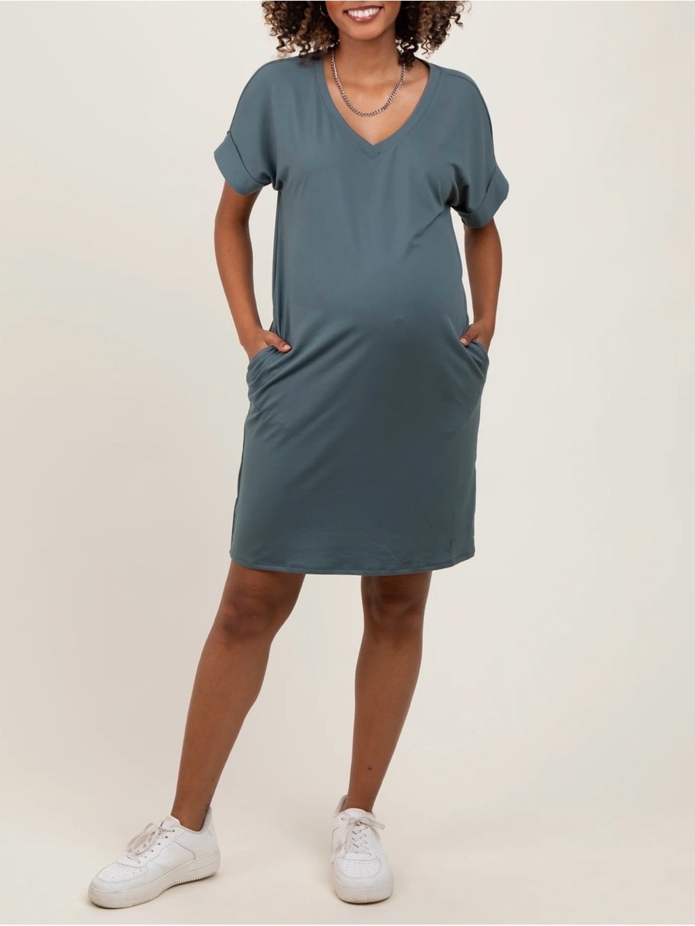 New Jade Brushed Rolled Short Sleeve V-Neck Maternity Pocket Dress Size XL